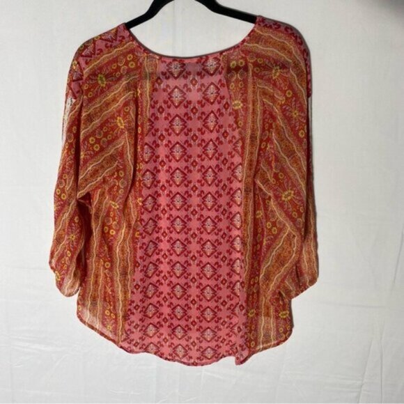 Figueroa And Flower Orange Link Multi Print Semi Sheer Long Sleeve Boho Blouse M - Picture 14 of 15